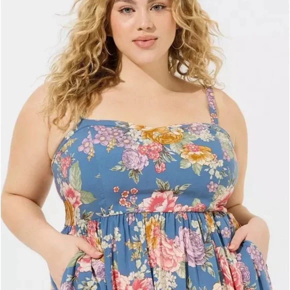 Torrid Dress Challis Sweetheart 1X Blue Floral Pockets Midi Fit Flare Cottage - Picture 8 of 9